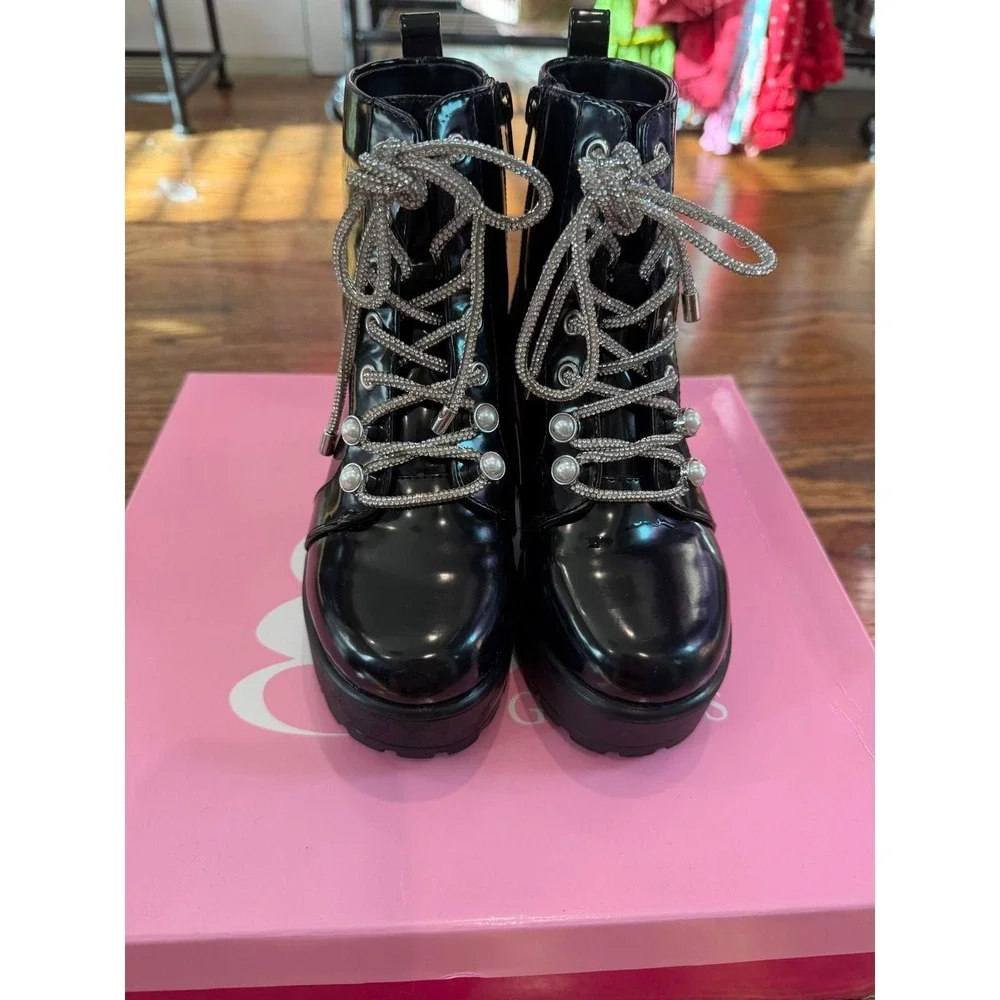 36. GB Girls Black Patent Rhinestone Lace Up Combat Boots Pearl Accents Size 13M